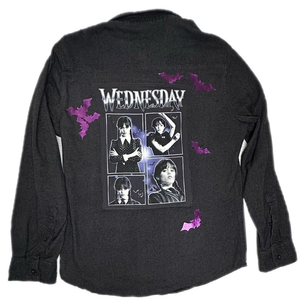Wednesday Adams black shirt button down up cycle purple bats cotton polly